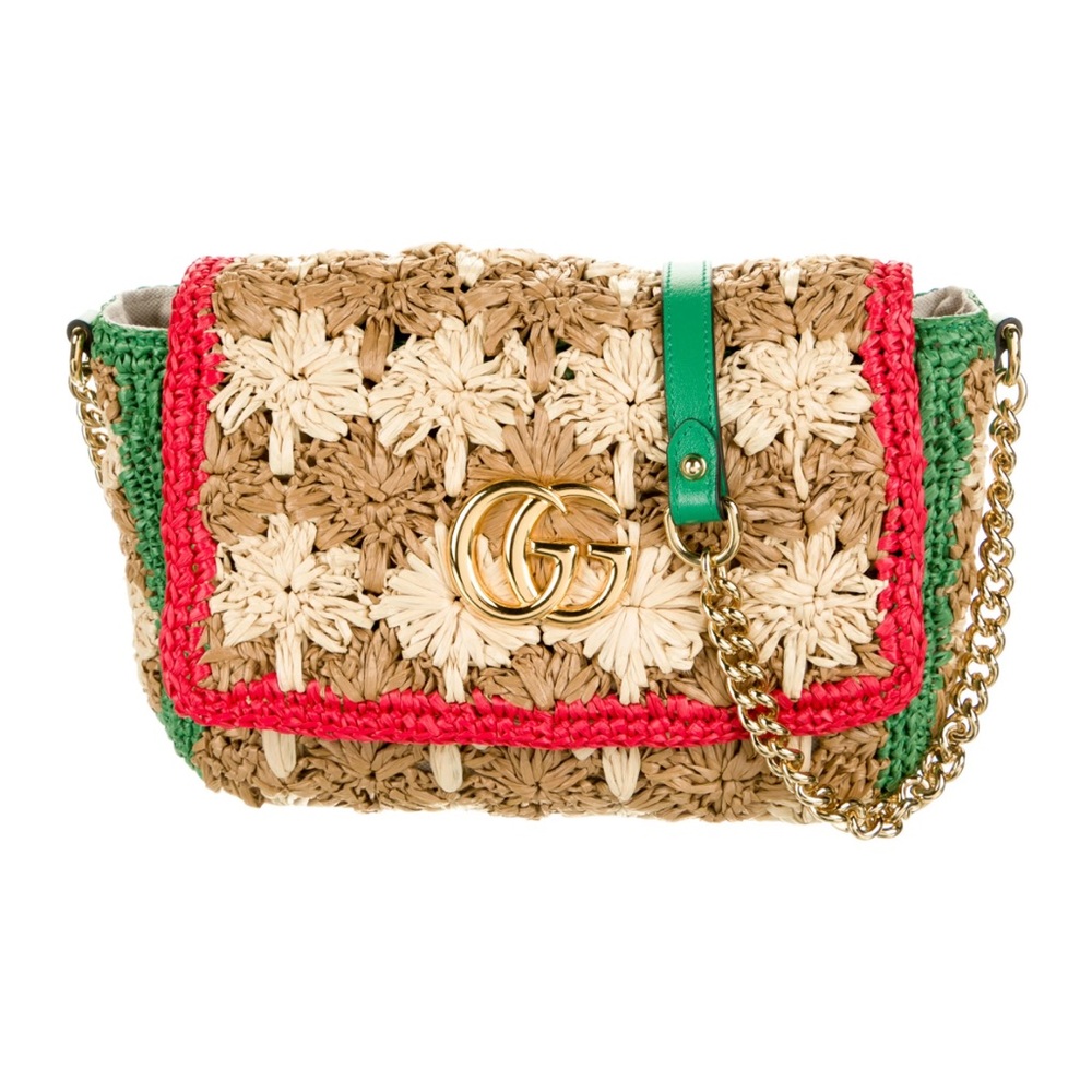 Auth Gucci GG Marmont Azalea Raffia Flower Crossbody Bag